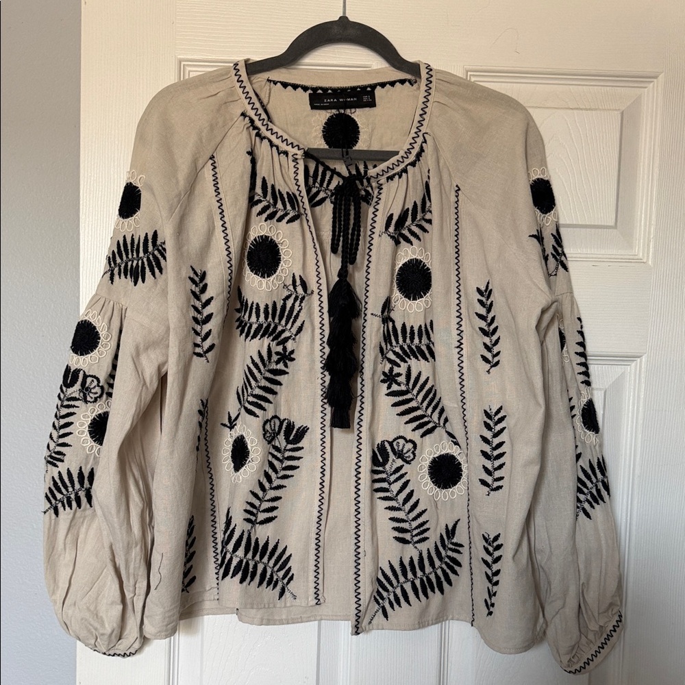 Zara Embroidered Boho Linen Cotton Tassel Tie Open Front Peasant Blouse Small